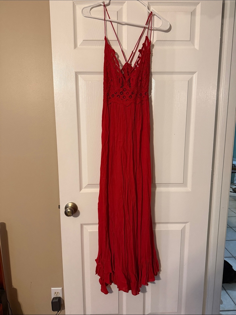 Free People Red Lace-Detail Maxi Dress with Spaghetti Straps